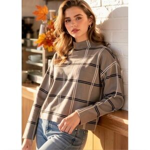 Max Studio Knit Mock Neck Windowpane Plaid Sweater